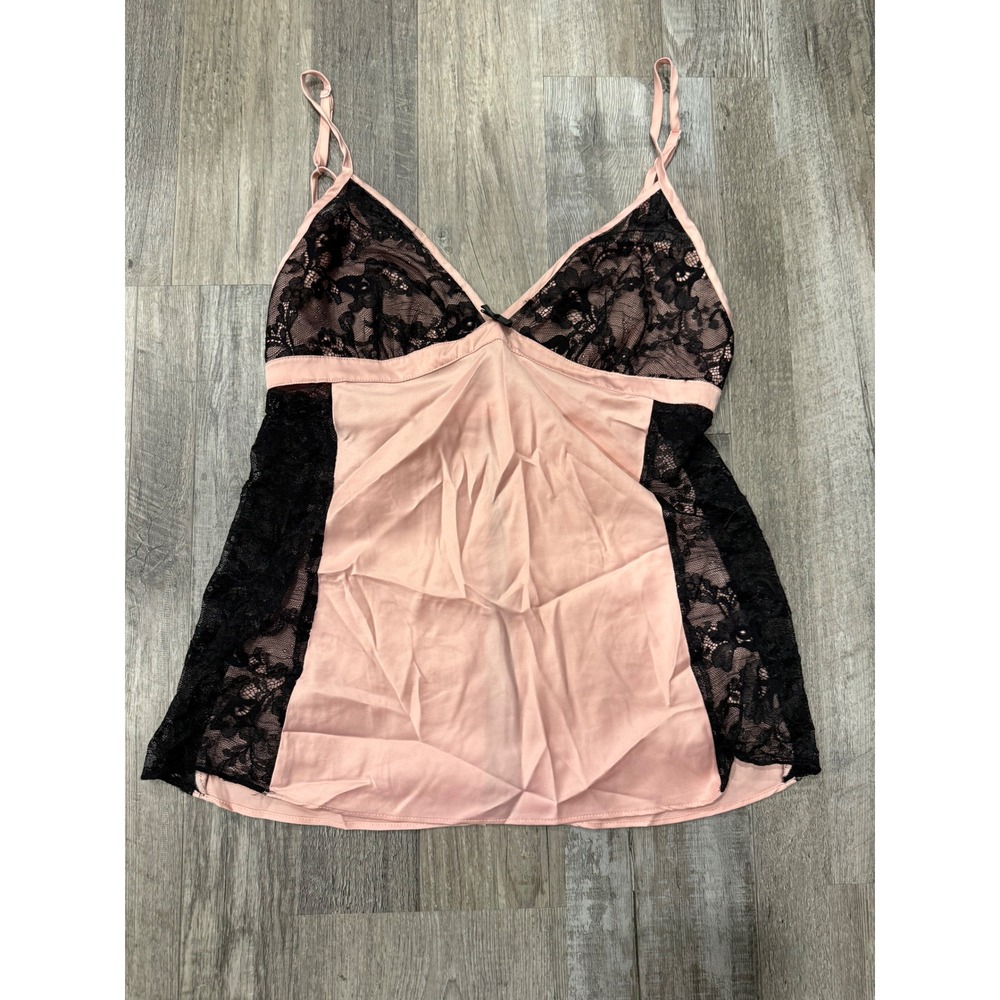 Betsey Johnson Vintage Y2K Pink Satin Lingerie Top Black Lace Cami Top Medium